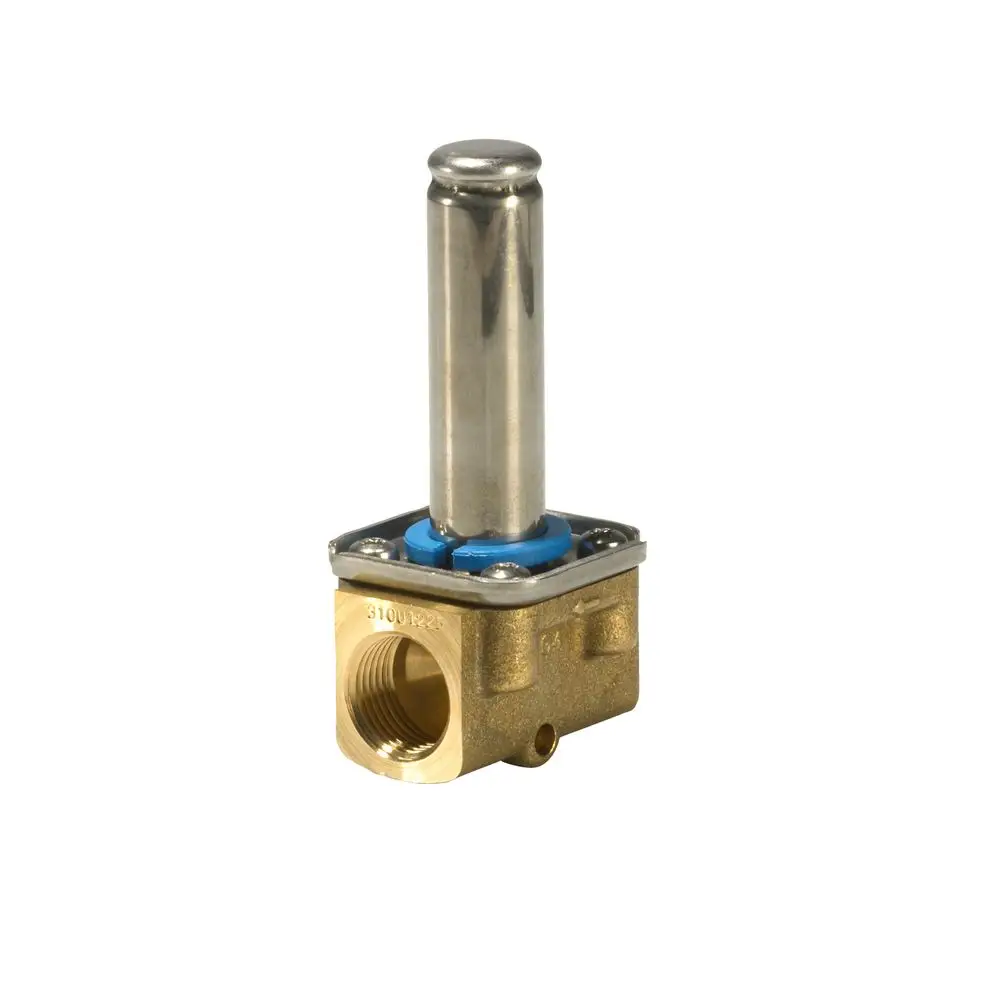 Magnetventil von Danfoss mit einem erhöhten Metallgehäuse und Anschlussgewinde. Das Ventil hat eine blauen Dichtung und ist in einer stabilen Bauweise ausgeführt.